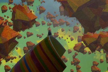 İnsan silueti ve soyut biçimlerle soyut arkaplan 