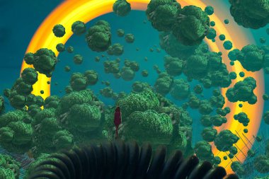 İnsan silueti ve soyut biçimlerle soyut arkaplan  