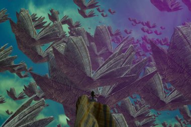 İnsan silueti ve kitaplarla soyut bir arkaplan 