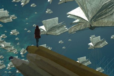 İnsan silueti ve kitaplarla soyut bir arkaplan