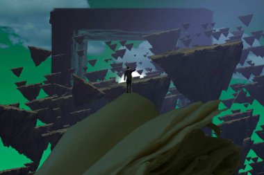 İnsan silueti ve soyut biçimlerle soyut arkaplan 