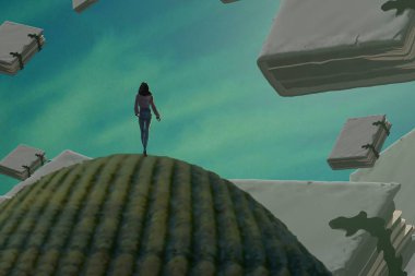 İnsan silueti ve kitaplarla soyut bir arkaplan