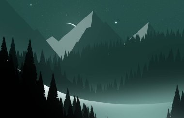 Modern dijital soyut arkaplan. Kış dağlarında gece gökyüzü. Fantastik arkaplan