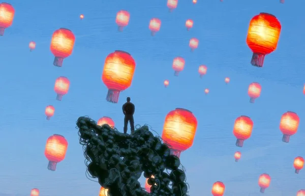 Abstrakter Hintergrund Mit Menschlicher Silhouette Und Chinesischen Laternen — Stockfoto