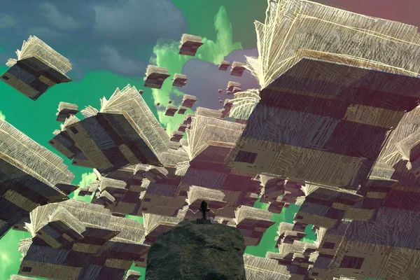 İnsan silueti ve kitaplarla soyut bir arkaplan