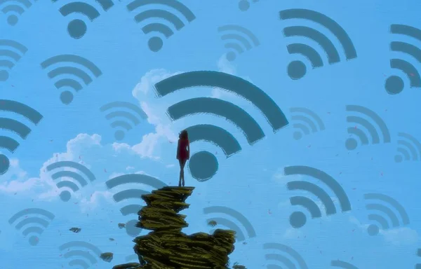 Fondo Abstracto Con Silueta Humana Señales Wifi — Foto de Stock