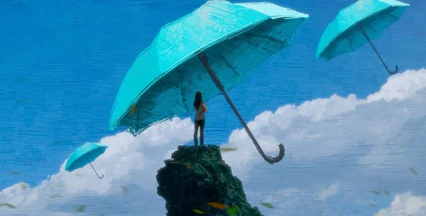 Abstrakt Bakgrund Med Mänsklig Siluett Och Paraplyer — Stockfoto