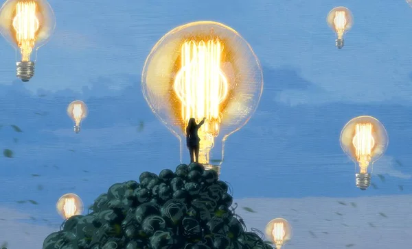 人間のシルエットと電球の抽象的な背景 — ストック写真