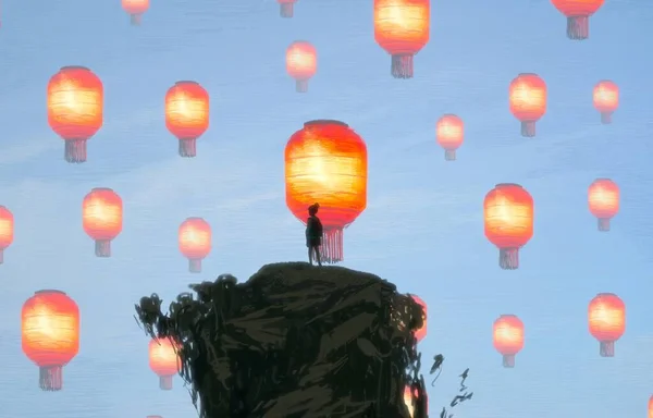 Fundo Abstrato Com Silhueta Humana Lanternas Chinesas — Fotografia de Stock