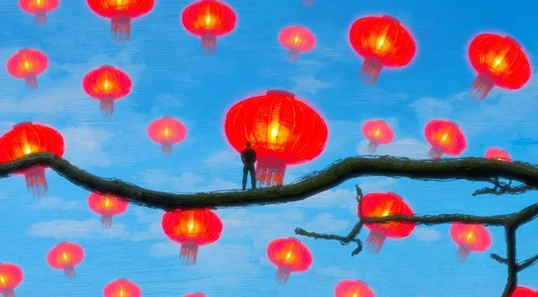 Fondo Abstracto Con Silueta Humana Linternas Chinas —  Fotos de Stock
