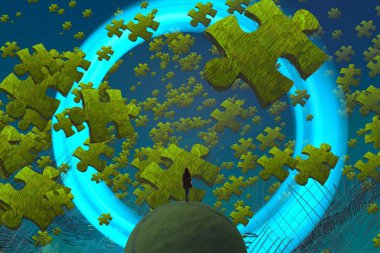 İnsan silueti ve bulmaca parçalarıyla soyut arkaplan 