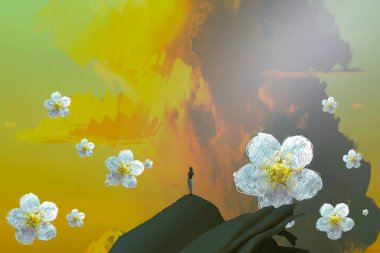 İnsan silueti ve çiçeklerle soyut bir arkaplan