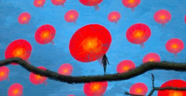 İnsan silueti ve Çin fenerleriyle soyut bir arkaplan