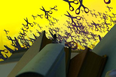 İnsan silüeti ve makasıyla soyut arkaplan