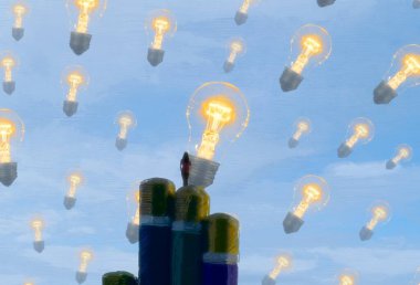 İnsan silueti ve ampullerle soyut arkaplan