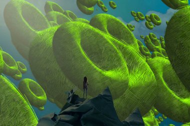 İnsan silüetiyle soyut arkaplan ve delikli disk şekli