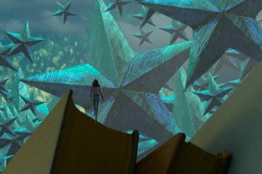 İnsan silueti ve yıldızlı soyut arkaplan