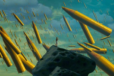 İnsan silueti ve kalemlerle soyut bir arkaplan 