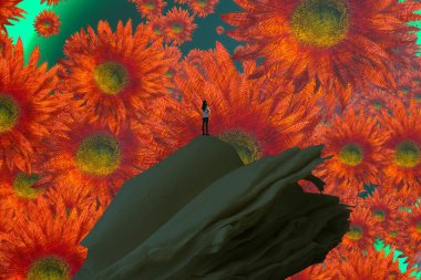 İnsan silueti ve çiçeklerle soyut bir arkaplan 