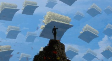 İnsan silueti ve kitaplarla soyut bir arkaplan