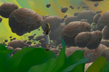 İnsan silueti ve soyut biçimlerle soyut arkaplan 