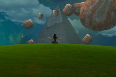 İnsan silueti ve soyut biçimlerle soyut arkaplan  