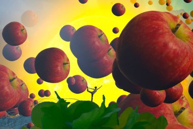 İnsan silueti ve elmaları olan soyut bir arkaplan