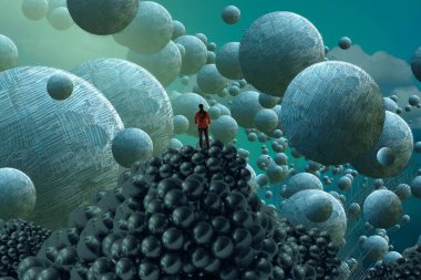 İnsan silueti ve topları ile soyut arkaplan