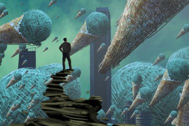 İnsan silueti ve dondurmaları olan soyut bir arkaplan 