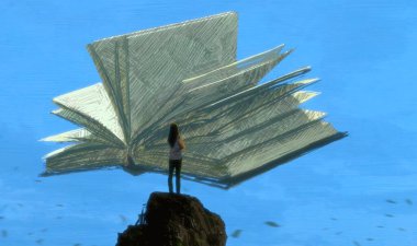 İnsan silueti ve kitaplarla soyut bir arkaplan