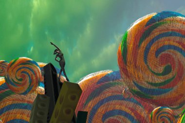 İnsan silueti ve lolipopları olan soyut bir arkaplan