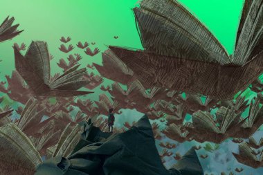 İnsan silueti ve kitaplarla soyut bir arkaplan 