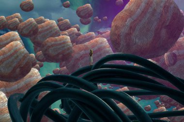 İnsan silueti ve soyut biçimlerle soyut arkaplan  