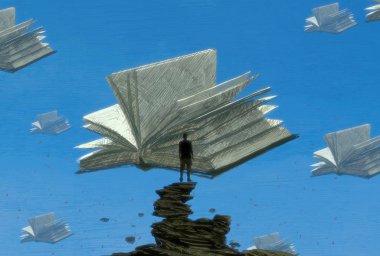 İnsan silueti ve kitaplarla soyut bir arkaplan 