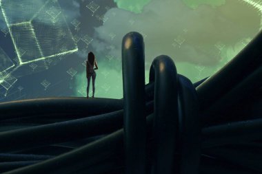 İnsan silueti ve geometrik biçimlere sahip soyut arkaplan