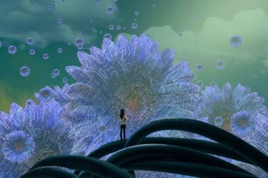 İnsan silueti ve çiçeklerle soyut bir arkaplan 