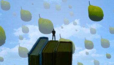 İnsan silueti ve armutlarla soyut arkaplan 