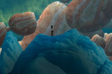 İnsan silueti ve soyut biçimlerle soyut arkaplan  