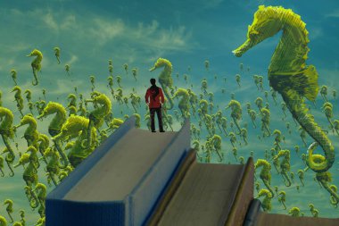 İnsan silueti ve deniz atlarının soyut bir geçmişi var.