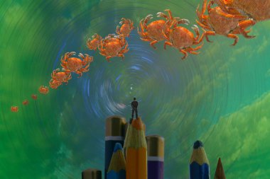 İnsan silueti ve yengeçlerle soyut arkaplan