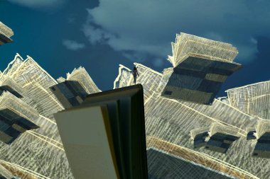 İnsan silueti ve kitaplarla soyut bir arkaplan