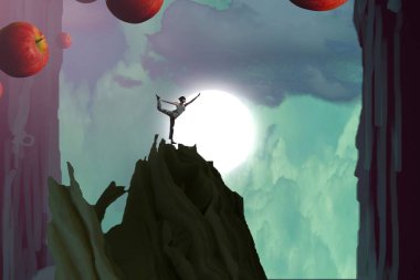 İnsan silueti ve elmaları olan soyut bir arkaplan