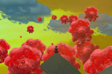 İnsan silueti ve kırmızı soyut biçimlere sahip soyut arkaplan 