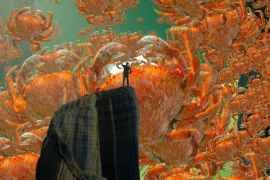 İnsan silueti ve yengeçlerle soyut arkaplan