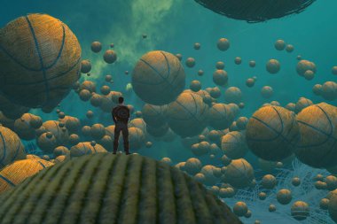 İnsan silueti ve basketbol toplarıyla soyut bir arkaplan