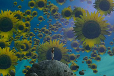 İnsan silueti ve ayçiçekleriyle soyut bir arkaplan