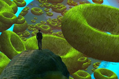 İnsan silüetiyle soyut arkaplan ve delikli disk şekli