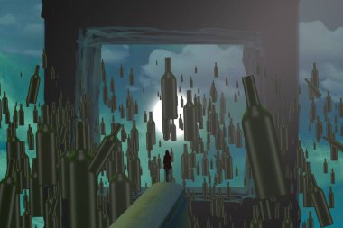 İnsan silueti ve şişelerle soyut bir arkaplan