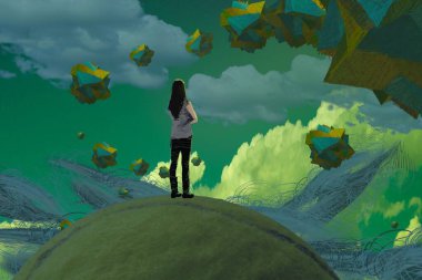 İnsan silueti ve soyut biçimlerle soyut arkaplan 