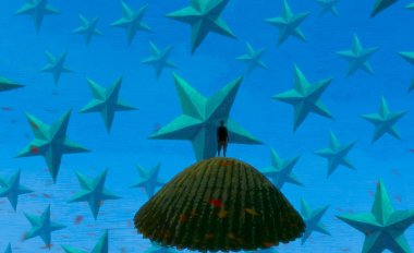 İnsan silueti ve yıldızlı soyut arkaplan 